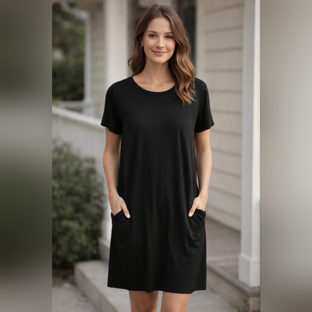 Long Tall Sally Black Pocketed Dress Stretch Jersey Midi Classic Minimalist